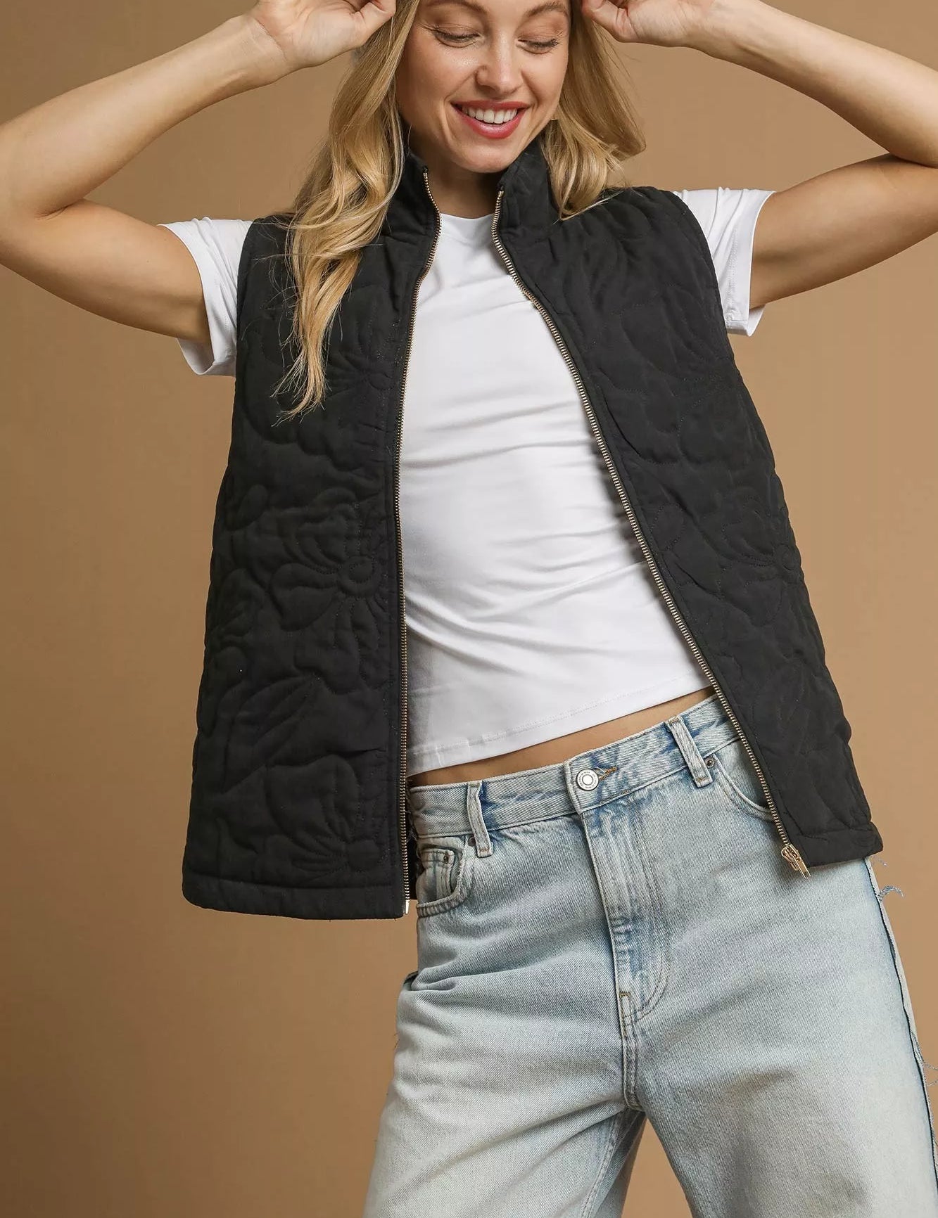 Black Umgee Quilted Floral Zip Up Vest with Pockets | Vest Jackets Daverri Fashions