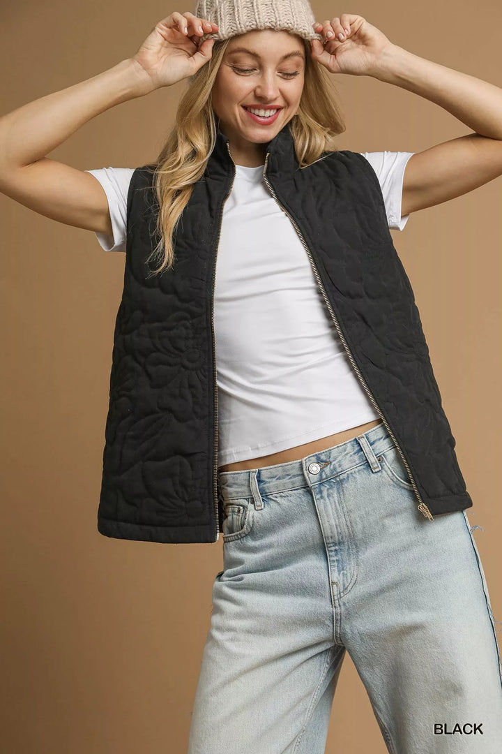 Black Umgee Quilted Floral Zip Up Vest with Pockets | Vest Jackets Daverri Fashions