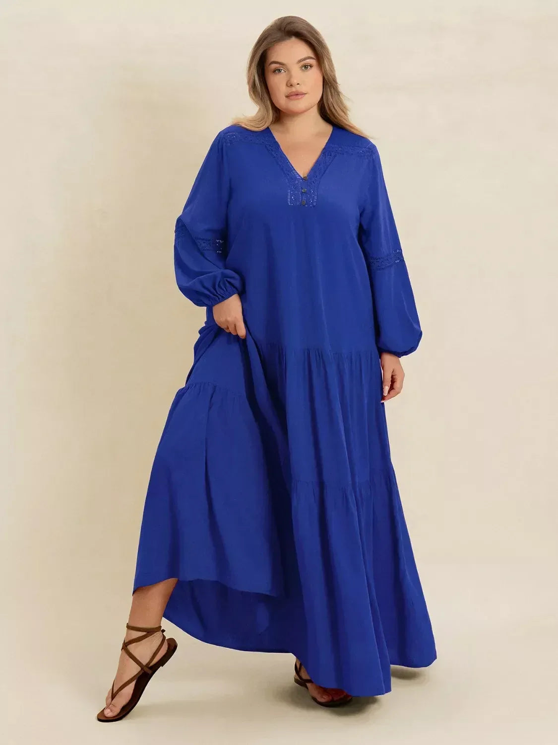 Plus Size Bohemian Tiered Maxi Dress with Balloon Sleeves - DAVERRI FASHIONS