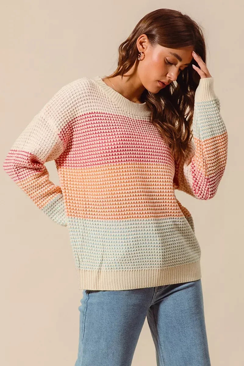 SO ME Multi Color Block Long Sleeve Sweater - DAVERRI FASHIONS