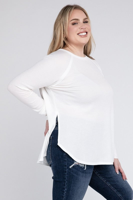 Plus Melange Baby Waffle Long Sleeve Top Plus Tops