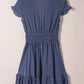 Lightweight blue chiffon tie-front mini dress with smocked waist and ruffle hem