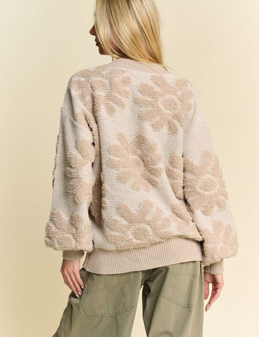 Davi & Dani Flower Texture Round Neck Dropped Shoulder Sweater Tops