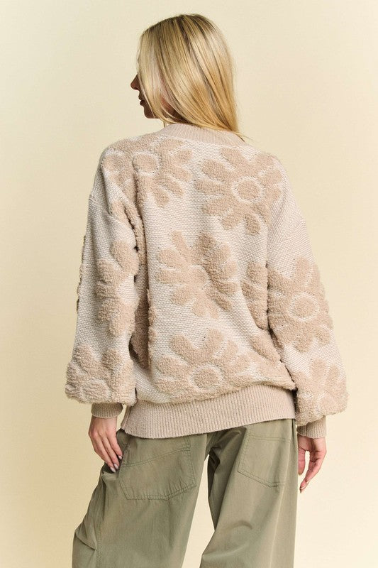 Davi & Dani Flower Texture Round Neck Dropped Shoulder Sweater Tops