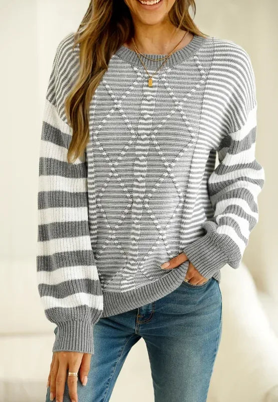 Striped Round Neck Dropped Shoulder Sweater - DAVERRI FASHIONS