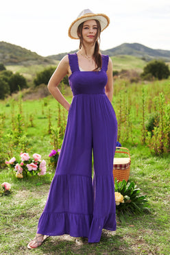 Purple Davi & Dani tiered wide-leg jumpsuit with ruffled straps
