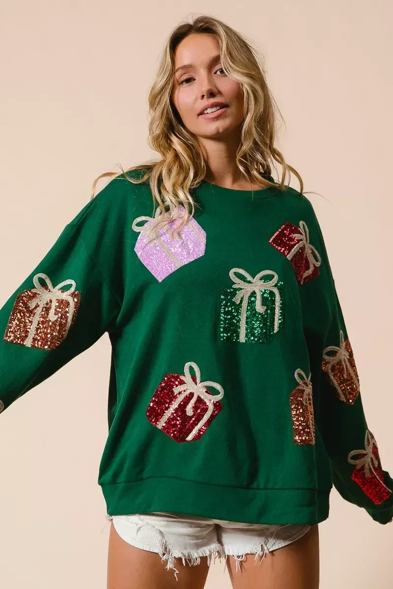 BiBi Sequin Christmas Gift Box Embroideries Pullover - DAVERRI FASHIONS
