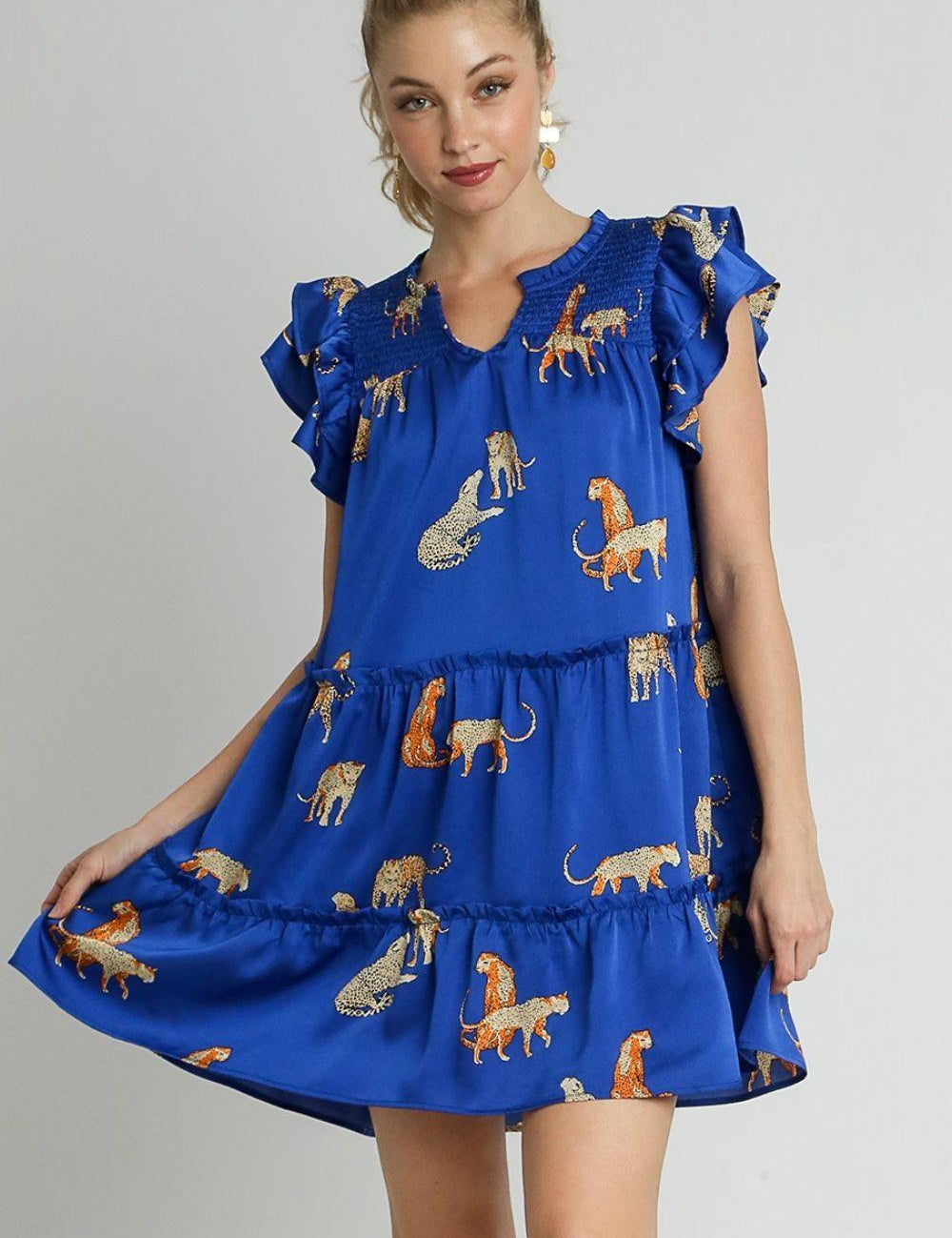 Umgee Cheetah Print Notched Ruffle Layered Cap Sleeve Mini Dress | Mini Dresses Daverri Fashions