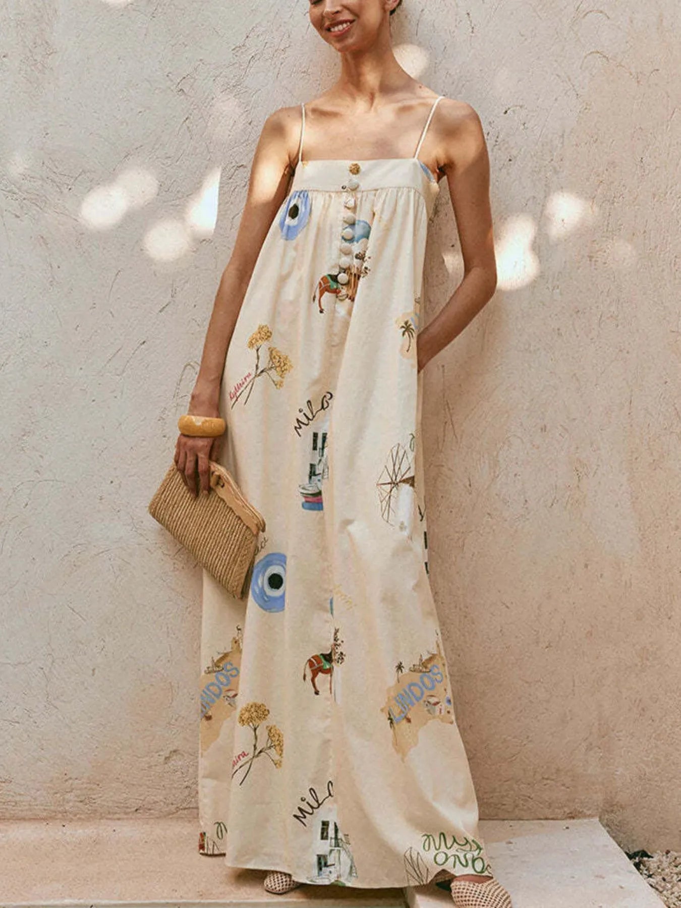 Daverri bohemian print cami maxi dress in off-white with eyes, animals