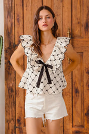 SO ME Bow Texture Jacquard Woven Top with Scallop and Tie | Blouses Daverri Fashions