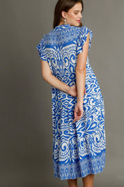 Umgee Full Size Two Tone Border Print Ruffle Cap Sleeve Midi Dress Plus Size | Mid Dresses Daverri Fashions