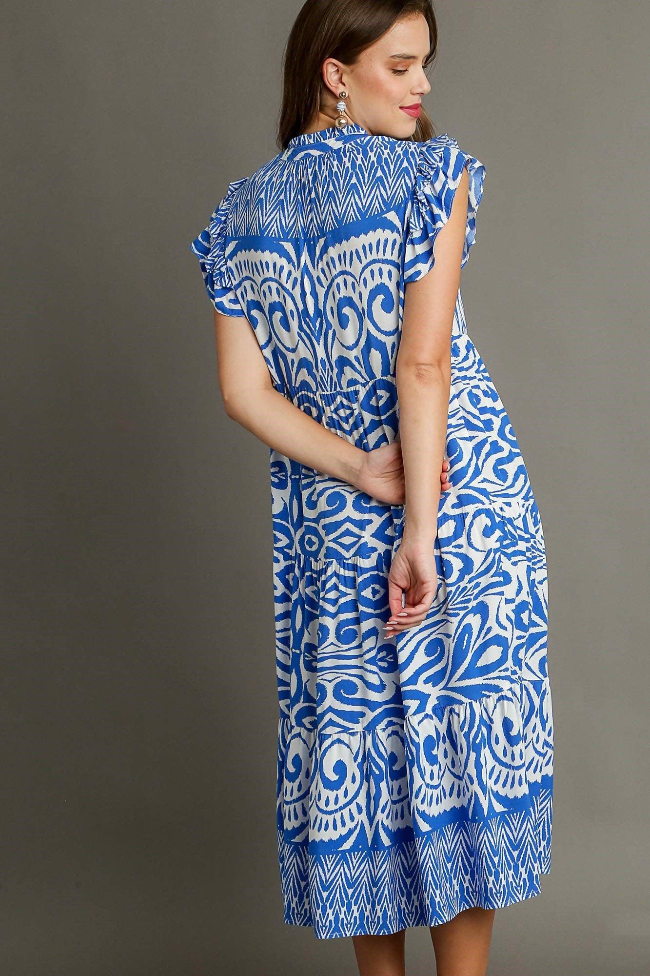 Umgee Full Size Two Tone Border Print Ruffle Cap Sleeve Midi Dress Plus Size Mid Dresses
