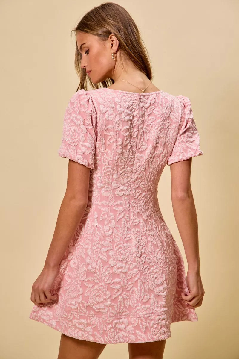 SO ME floral jacquard fit and flare pink mini dress with puffed sleeves