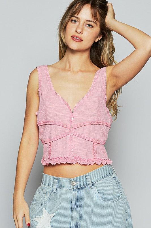 POL Lace Detail V-Neck Cropped Tank - DAVERRI FASHIONS