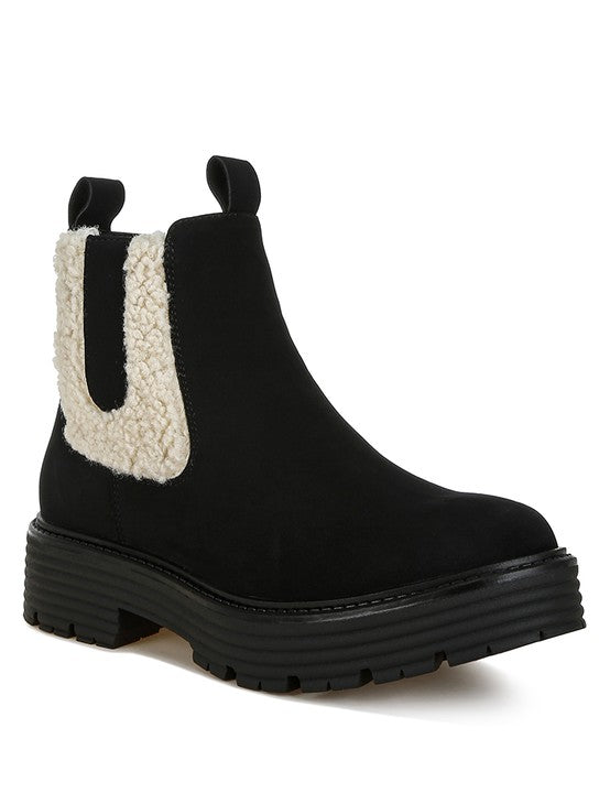 Black Mothman Faux Fur Detail Chunky Ankle Boots | Boots Daverri Fashions