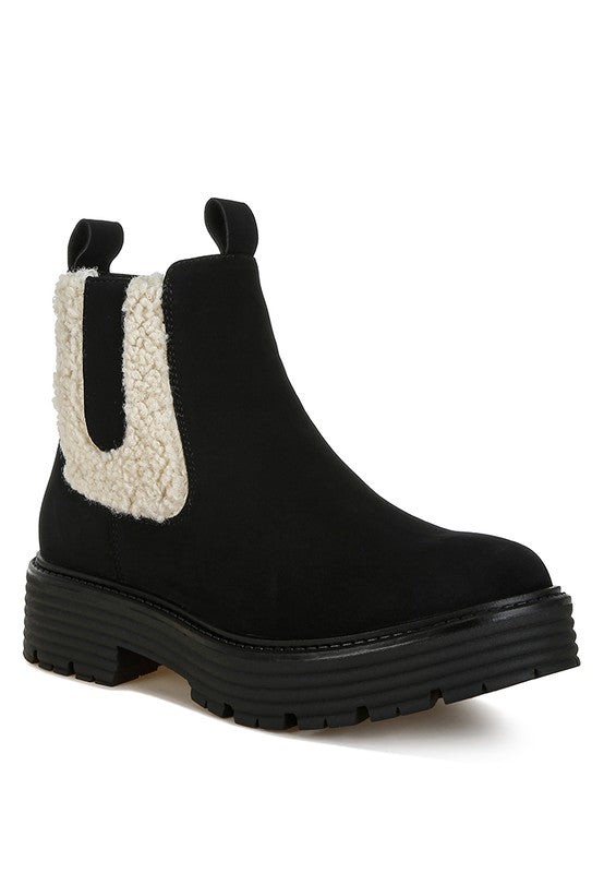 Black Mothman Faux Fur Detail Chunky Ankle Boots | Boots Daverri Fashions