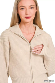 Zenana Ribbed Collared Zip Up Sweater Cardigan | Daverri Fashions