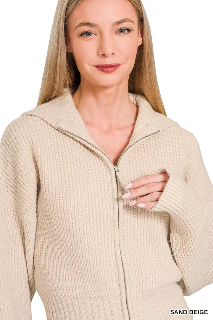 Zenana Ribbed Collared Zip Up Sweater Cardigan | Daverri Fashions