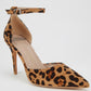 Tan and black leopard-print suede stiletto heel sandal with ankle strap