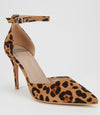 Tan and black leopard-print suede stiletto heel sandal with ankle strap
