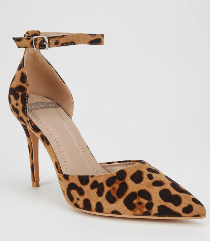 Tan and black leopard-print suede stiletto heel sandal with ankle strap