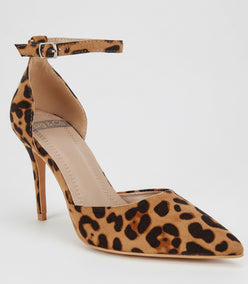 Tan and black leopard-print suede stiletto heel sandal with ankle strap