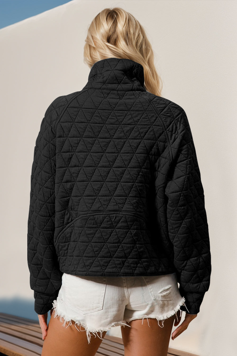 Half Zip Long Sleeve Quilted Sweatshirt with Pocket Tops