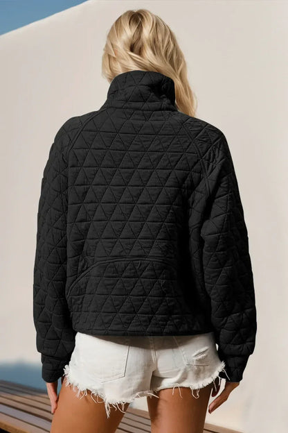 Double Take Half Zip Long Sleeve Quilted Sweatshirt with Pocket - DAVERRI FASHIONS