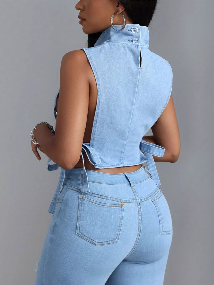 Sleeveless Cropped Denim Turtleneck Top with Side Tie Details | Tops Daverri Fashions