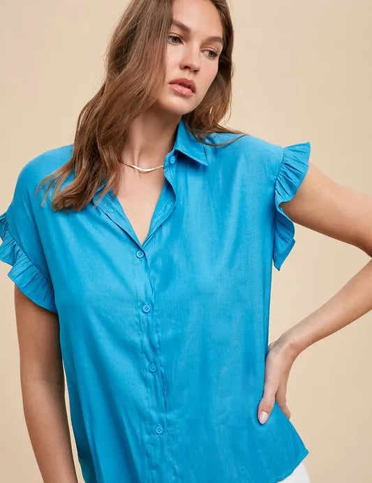 Annie Wear Relaxed Fit Ruffle Sleeve Woven Blouse Top | Tops Daverri Fashions