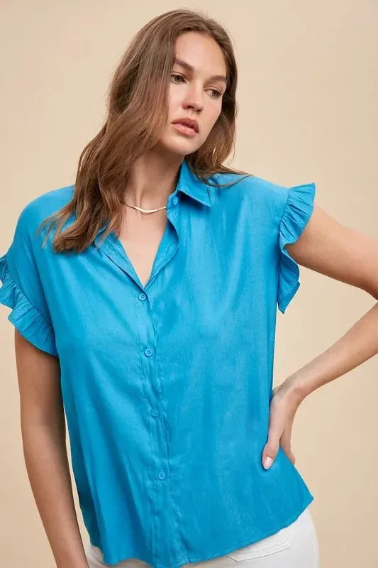 Annie Wear Relaxed Fit Ruffle Sleeve Woven Blouse Top - DAVERRI FASHIONS