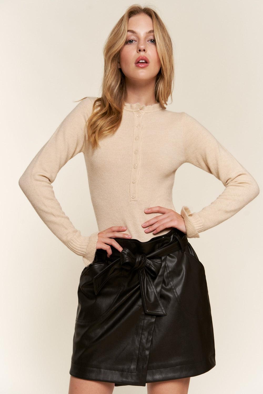 And The Why Half Button Round Neck Long Sleeve Bodysuit | Daverri Fashions