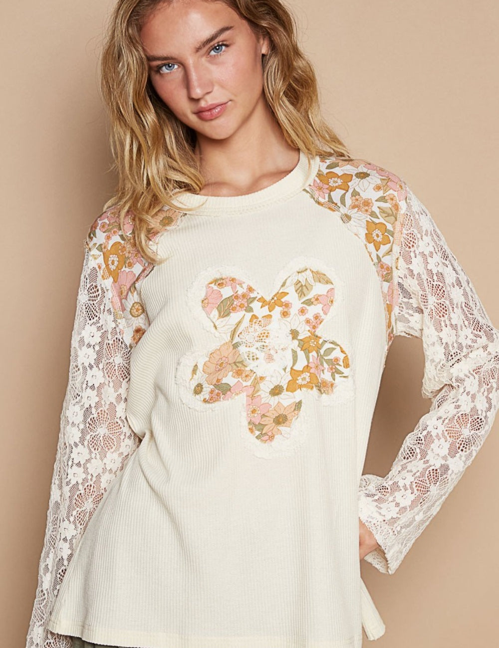 POL Flower Patch Lace Sleeve Knit Top Cream M