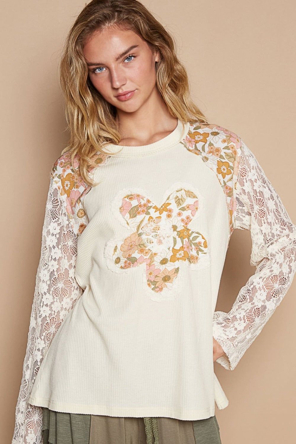 POL Flower Patch Lace Sleeve Knit Top Cream