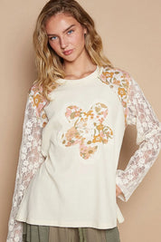 Cream M POL Flower Patch Lace Sleeve Knit Top | Knit tops Daverri Fashions