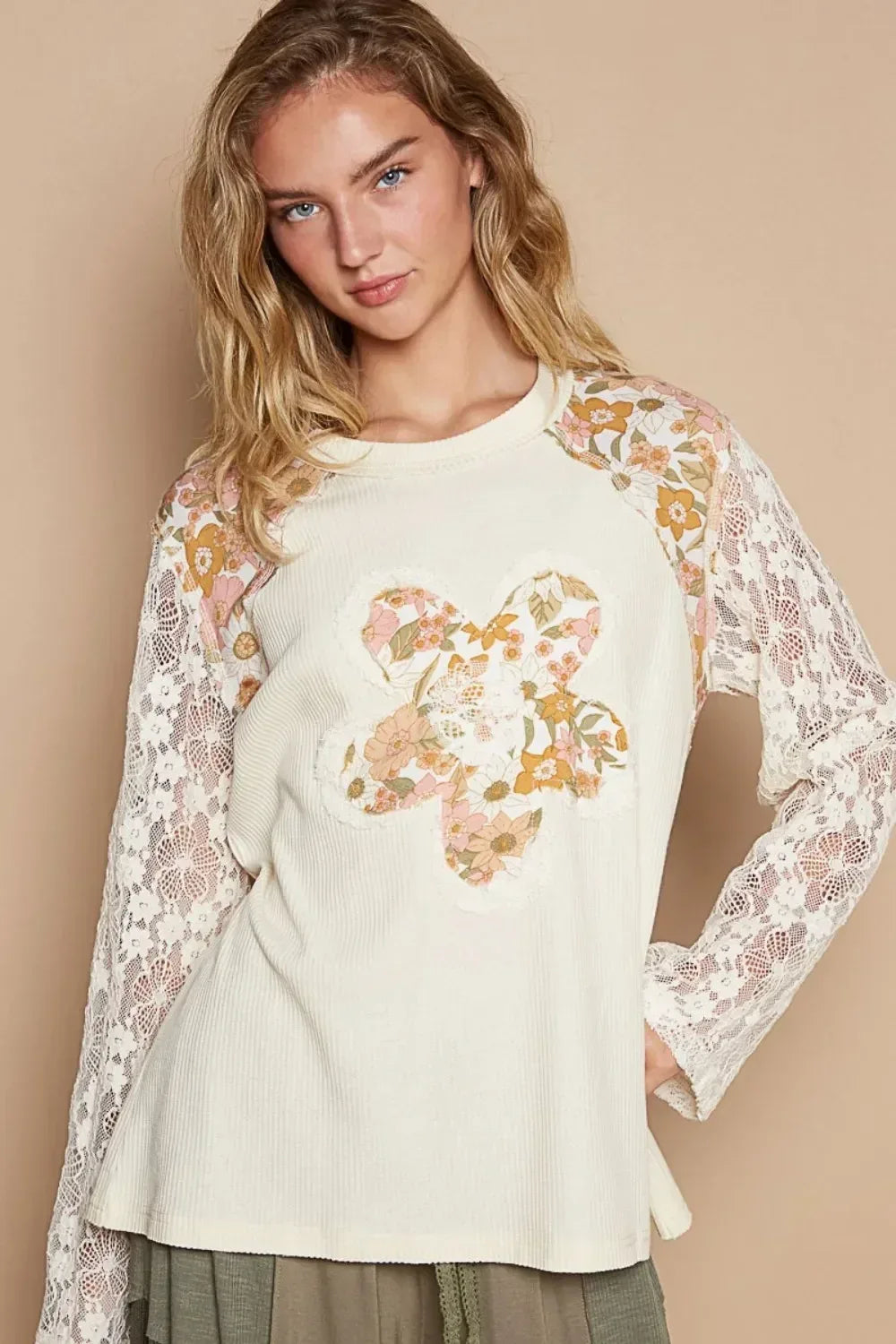 POL Flower Patch Lace Sleeve Knit Top - DAVERRI FASHIONS