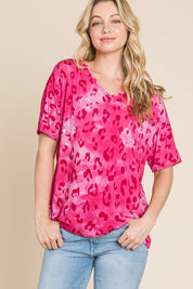 BOMBOM Leopard V-Neck Short Sleeve T-Shirt | Daverri Fashions