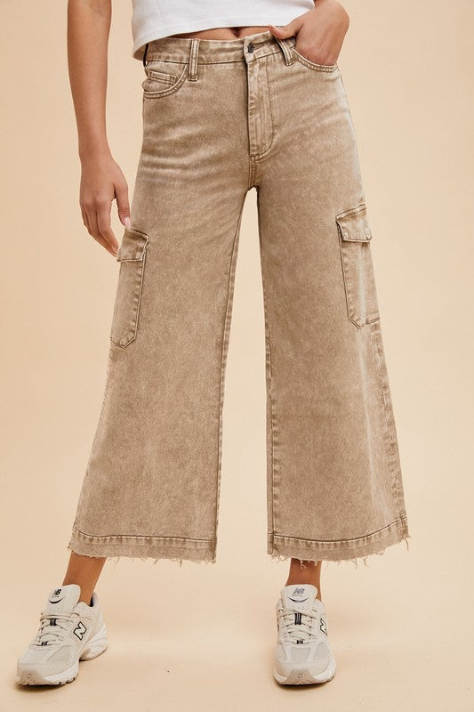 Annie Wear Raw Hem Wide Leg Jeans with Cargo Pockets Camel