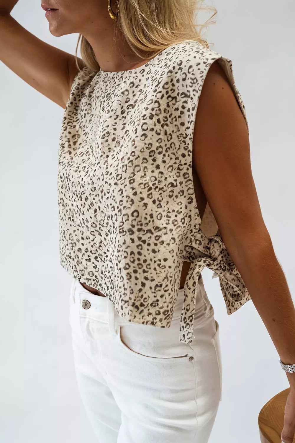 Beige leopard print womens tie-side sleeveless tank top