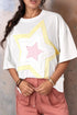 White oversized drop shoulder tee with layered star graphic in yellow and pink