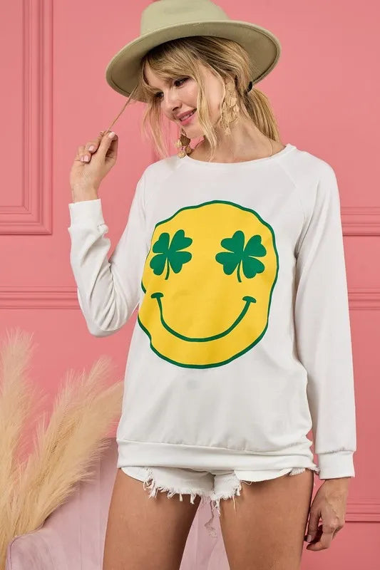 BiBi Smile Face Graphic Round Neck Long Sleeve Top | Tops Daverri Fashions