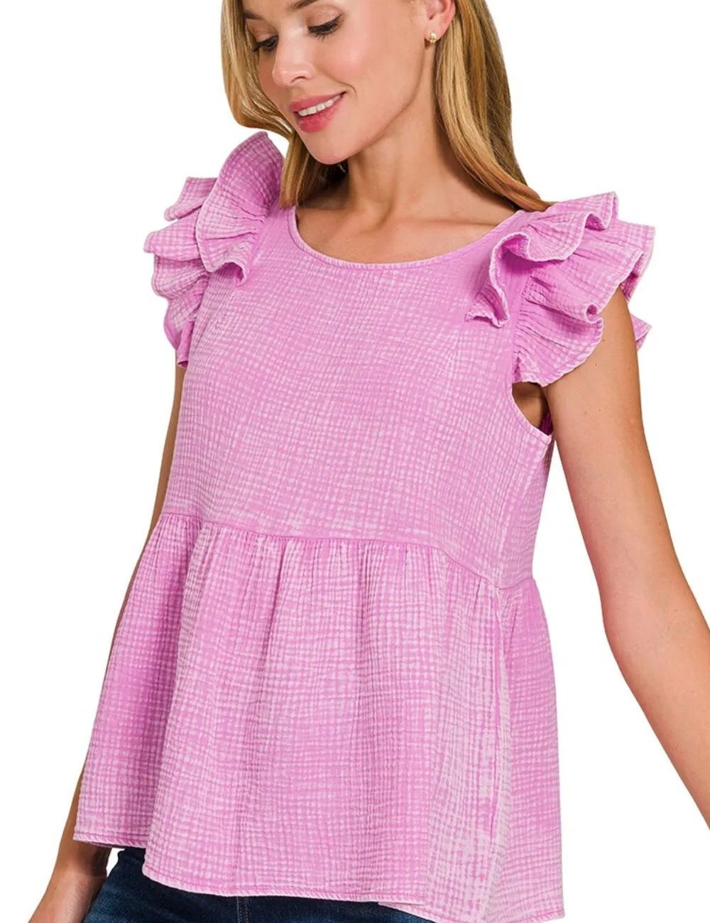 Zenana Double Gauze Acid Washed Tiered Ruffle Peplum Top | Tops Daverri Fashions