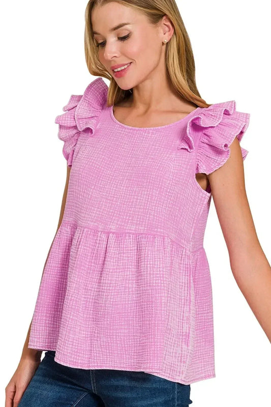 Zenana Double Gauze Acid Washed Tiered Ruffle Peplum Top - DAVERRI FASHIONS