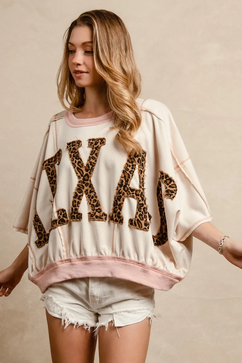 BiBi Leopard Print Texas Patchwork Overlock Stitch Top Tops