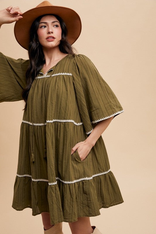 Annie Wear Tassel Tie Neck Half Sleeve Tiered Dress