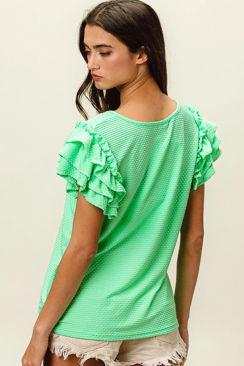 BiBi Birdseye Texture mint green waffle-knit top with ruffle sleeves
