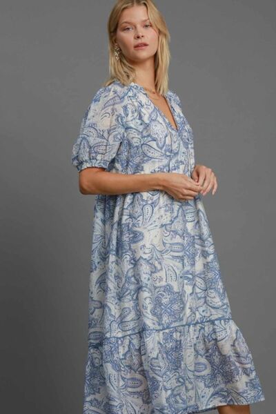 Umgee Full Size Printed Puff Short Sleeve Midi Dress Plus Size Mid Dresses