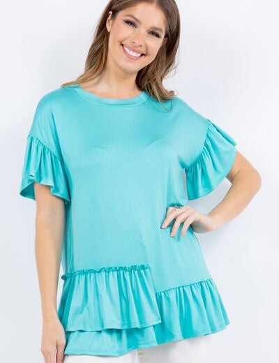 Celeste Ruffle Detail Asymmetrical Top Aqua Tops