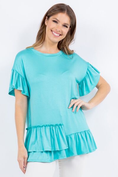 Celeste Ruffle Detail Asymmetrical Top Aqua Tops