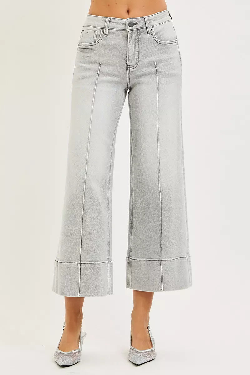 Light-wash Risen tummy control mid-rise crop wide-leg jeans with pintucks